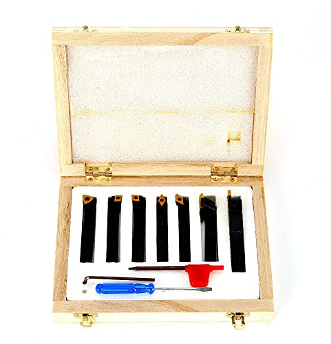 Lot de 7 outils de tournage avec plaques réversibles, support de serrage 8 x 8 mm, coffret en bois, burin avec plaque réversible, pour tours
