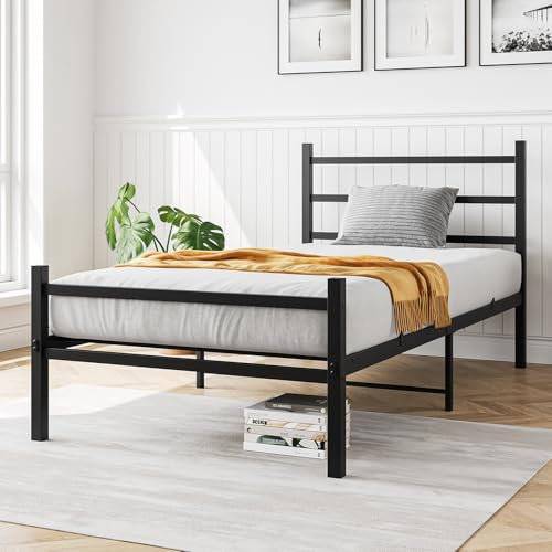 FOUBAM Bett 90x200,Metallbett Gästebett Bettgestell aus Metall,Bettrahmen Einzelbett mit Lattenrost,Modern Gästebett Jugendbett für Schlafzimmer Gästezimmer, Schwarz