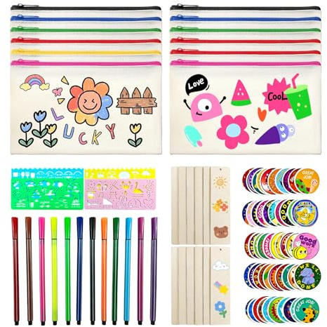 NVGVUP 12 Pcs Trousse Personnalisable, Pochette Tissu Zippée de Bricolage, 21×12cm Pochette Personnalisable, Sac Tissus a Personnaliser Vierge pour Les Cadeaux d'anniversaire
