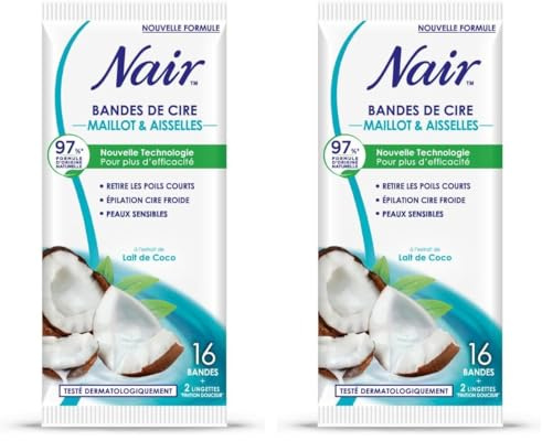 NAIR - Bandes de Cire Froide Maillot & Aisselles à l'Extrait de Lait de Coco, 97% d'Origine Naturelle, Sachet Nomade, 16 Bandes + 2 Lingettes Finition Douceur (Lot de 2)