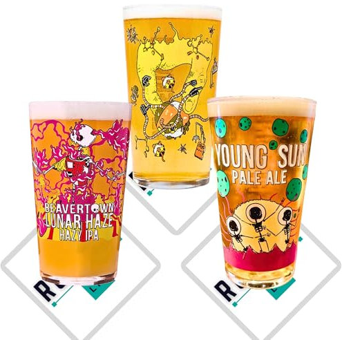 Beavertown - Juego de 3 vasos de pinta Young Sun Nanobot Luna Beer Lager X3 también viene con alfombrillas de cerveza de la marca Beavertown Roxley Pub Bar Man Cave