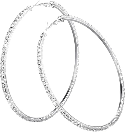 Grandi orecchini a cerchio con diamanti sintetici per le donne Bling strass argento grande orecchino ad anello per festa di nozze, 80mm, Metallo, Nessuna pietra preziosa