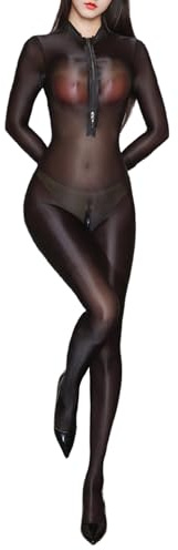 inlzdz Bodystocking Nylon Sexy Lingerie Donna Collant Velatissimi Transparenti Body con Apertura sul Cavallo sul Seno Camicia da Notte Sleepwear Nightwear Nero L