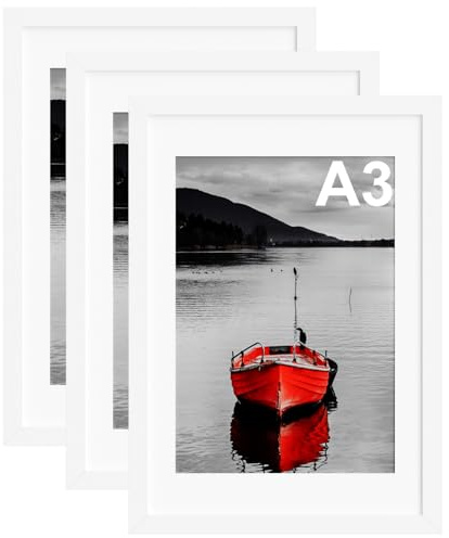 A3 Picture Frame with A4 Mount, 3 Pack 29.7x42cm White Wooden Photo Frames | Poster Frame for A3 Print, Wall Mounted
