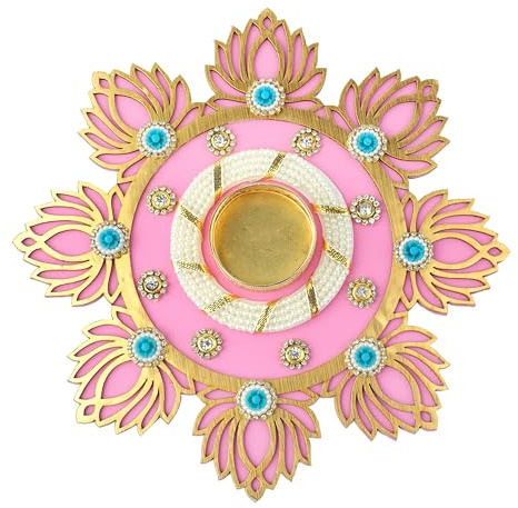 Aditri Creation Decorative MDF Lotus Rangoli with T-Light Candle Holder Stand for Indian Cultural Festival Gifts Made up of Golden Embroideries New Year Gifting Idea Home Decor(Size:-8)(Light Pink)