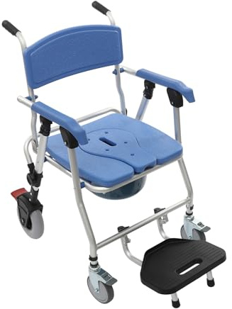 Duschstol med hjul, hopfällbar toalettstol för seniorer, toalettrullstol upp till 150 kg, duschtoalettrullstol med ryggstöd och toaletthink (mjuk sits)