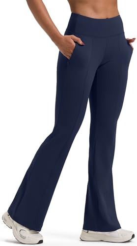 PERSIT Bootcut Yoga Pants for Women with Pockets High Waist Womens Flared Leggings Wide Leg Bottom Bootleg Workout Gym Business Casual Work Flare Trousers UK - 32 Inches Navy Blue M