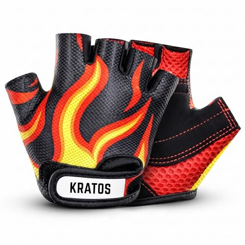 Kratos Flame Anti Slip Kids Bike Gloves For Kids Boys & Girls Best Toddler Bike Gloves Ages 4-8 (Medium) Fingerless Cycling Gloves For Youth Sports Like Mtb, Bmx Dirt Biking, Mountain Bike Riding