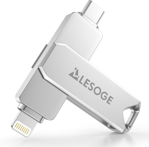 LESOGE MFi – Memoria USB C 256GB para iPhone y Android, Memoria Externa iPhone 3 en 1, Memoria USB 3.0, pendrive USB-C para Fotos y vídeos (Plata)