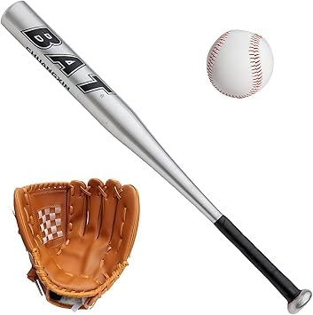 D.I.L Baseball Bat Set, 34 Inch Aluminium Metal Bat, 10.5 Inch Leather-Style Glove, Ball Included, for Teens and Adults, Red, Blue, Black, Silver (Silver)