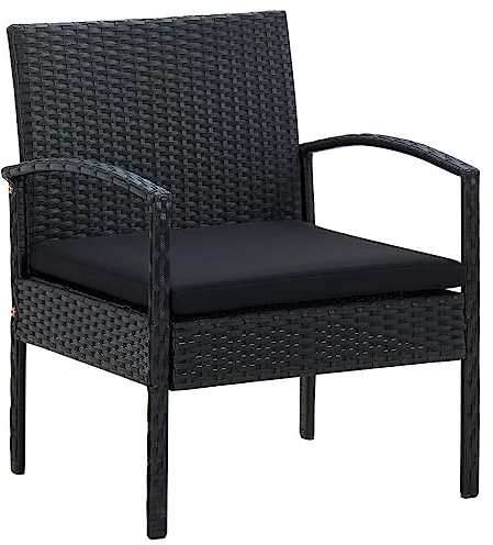 Drainlyn Trädgårdsstol med kudde poly rotting svart, väderbeständig och stapelbar, pulverlackerad stålram, 58 x 58 x 72 cm, utomhus balkongstol med armstöd