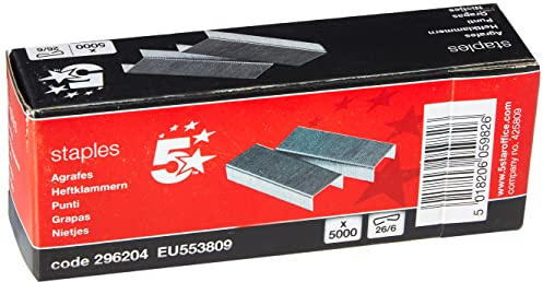 5 Star Staples 26/6 Standard (5000 Pack) Staples for Staple Gun Heavy Duty Galvanised Steel Wire Staples