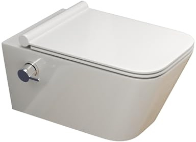 SSWW Inodoro con ducha 54,5 cm con boquilla y grifo, Taharet de cerámica con recubrimiento nano, mezcla agua caliente/fría, asiento softclose, fácil limpieza, blanco moderno