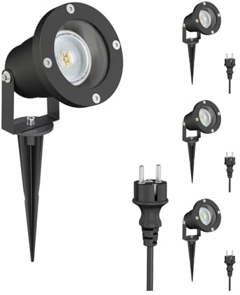 ledscom.de 4 st LED-trädgårdsstrålkastare DUK, svarta, med jordspett för utomhusbruk, aluminium, inkl. LED-lampa GU10 (varmvitt, 5,4 W, 510 lm, 45°)