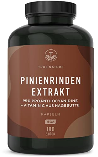 Pinienrindenextrakt Kapseln hochdosiert - 660mg für 180 Tage - Kiefernrindenextrakt mit OPC + natürliches Vitamin C - Premium: Französische Seekiefer - Ohne Zusätze - TRUE NATURE®