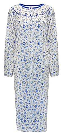 i-Smalls Chemise de nuit thermique pour femme 100 % coton brossé boutonné sur le devant longue nuisette L à 3XL, bleu, 3XL