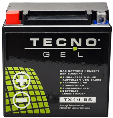 TECNO GEL Motorrad-Batterie für YTX14-BS, 12V Gel-Batterie 12 Ah (DIN 51214), 151x87x145 mm