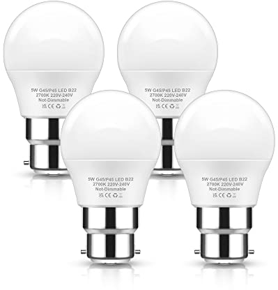 EvaStary 40W lampadine a baionetta, 5W lampadine B22 LED a baionetta bianco caldo 2700K, LED Golf Ball G45 P45 mini lampadina a globo, risparmio energetico, non dimmerabile, 4 pacchetti