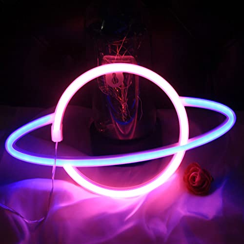 DAKABUKA Planet neonskyltar, LED-nattlampor för väggdekoration, USB- eller batteridriven, för sovrum, barnrum, vardagsrum, bar, jul, lekrum (blå och rosa)