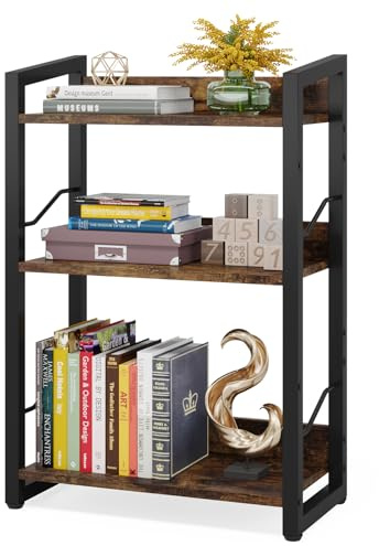 Hosfais Book Shelf Small Bookshelf: 3-Tier Wood Bookcase Industrial Bookshelf with Edge Protection Metal Narrow Bookcase Storage Organizer Display Rack for Bedroom Home Office (Rustic Brown)