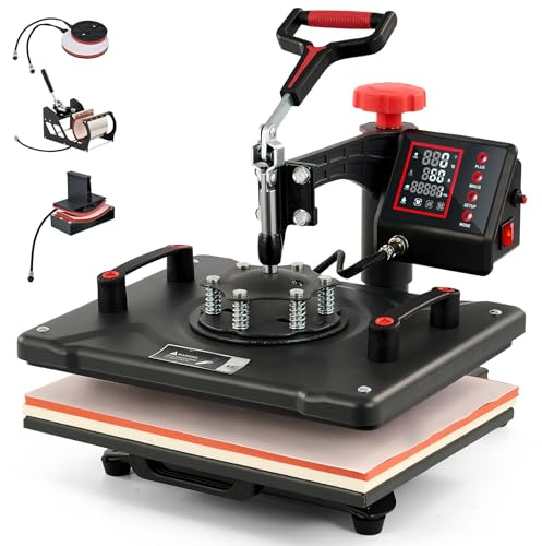 CREWORKS 12x15 Heat Press Machine, 5 in 1 360 Degree Swing Away Shirt Printing Machine with Digital Control, 30x38cm Multipurpose Shirt Press Machine with Dual Heating Tubes for Mug Hat Plate Cap