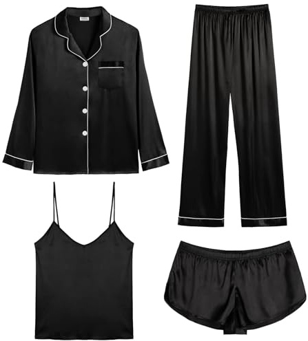 SWOMOG Women Satin Pyjamas 4pcs Silk Pyjama Set Long Sleeve Button Down Sleepwear Cami and Shorts Pjs Set Loungewear Black
