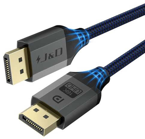 J&D Câble DisplayPort 2.1, Certifié VESA, DP 2.0 16K@60Hz, 8K@120Hz, 4K@240Hz, 165Hz, 144Hz, 40Gbps, HDR, HDCP, DSC 1.2a, Câble DisplayPort Trenzado Cuivre Haute Vitesse, 2 m