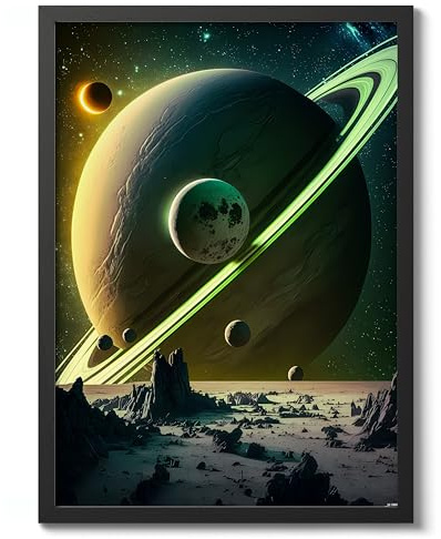 Sunrise On Saturn Space Poster, Colourful Abstract Astronomy Wall Art Home Decor, Astronaut Planets Print, Archival Matte, A2 (Black Frame) - 59.4x42cm