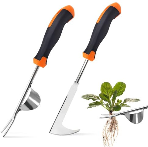 ROLLWAY 2er Set Unkrautstecher Edelstahl, Löwenzahnstecher und Fugenkratzer Unkraut Werkzeug 35cm Unkrautzieher Unkrautmesser Wurzelstecher Löwenzahn Entferner Gerät Unkraut Stecher Unkrautausstecher