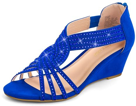 PIZZ ANNU Sandales Femme Été Compensées à Plateforme Escarpins Strass Sandale à Talon Compensé Mode Confort pour Soirée Mariage Chaussure Bleu Royal EU 36