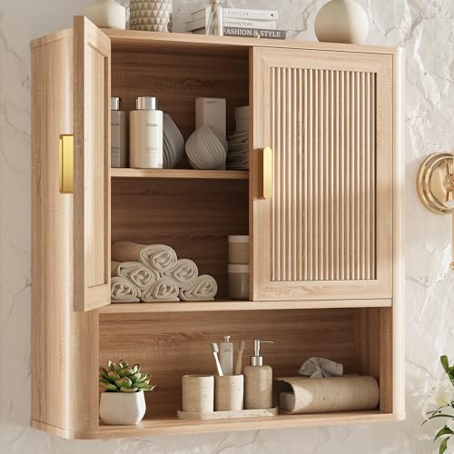 INNOD Bathroom Wall Storage Cabinet, Medicine Cabinet with Adjustable Wood Shelf & Doors, Over the Toilet Storage Cabinet for Laundry Room & Living Room Kitchen Storage Islands (Natural Oak)