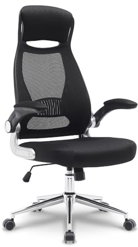 Poltrona da ufficio ergonomica in tessuto a rete, schienale alto con poggiatesta integrato, braccioli sollevabili, supporto lombare, regolabile in altezza, piede in metallo cromato - nero