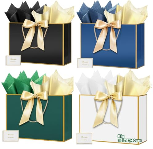 HONTIUS 15.75'' Sacchetti Regalo, 4 Pezzi Sacchetto Regalo Grande Grandi Maxi XXL, 40*30*12.5cm Busta regalo grande con Carta Velina e Carte, Borsa Regalo per Nozze Natale Aziendale Festa Compleanno J