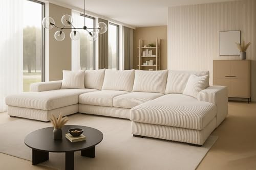 A&J MöbelLand Ecksofa VIENA 328x182 cm mit Schlaffunktion, Bonellfederkern und Bettkasten in Creme – modernes Schlafsofa mit Stauraum