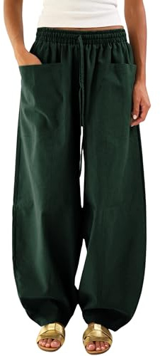 Himosyber Womens Baggy Wide Leg Pants Casual Loose Palazzo Harem Pants High Elastic Waist Trousers with Pockets (Green-L)