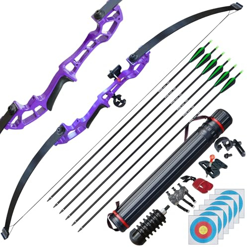 D&Q Arco e frecce Tiro con l'arco Arco ricurvo Arco da caccia 50 pollici 30 libbre 40 libbre con 6 Freccia in Carbonio Misto (Viola, 40LB)