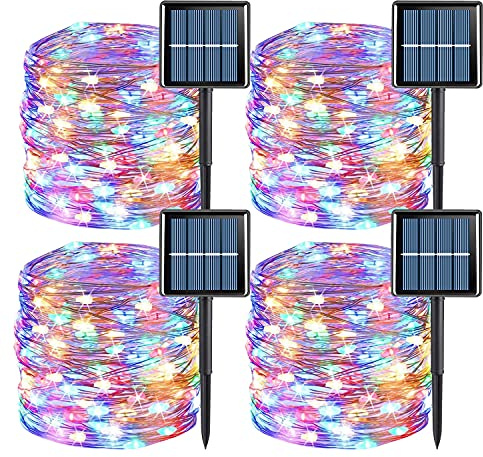 YEGUO 4 Pack Multicolor Solar Fairy Lights, Each 33ft 100 LED Christmas Lights Outdoor Waterproof, 8 Modes Sliver Wire Solar String Lights