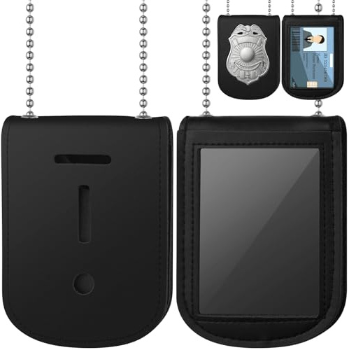 Sadnyy Police Badge Holder Neck Chain, Leather ID Card Holder,Rectangle