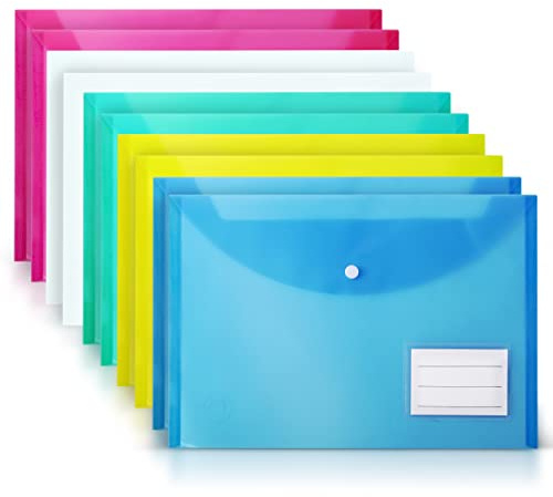 DocFeedz Plastic Wallets A4-10 Pack Waterproof Plastic Folders for Documents 33.2 x 23.4 cm - 5 Assorted Colours Popper Wallet A4 with Snap Button and Label for Home, Office, School and Travel