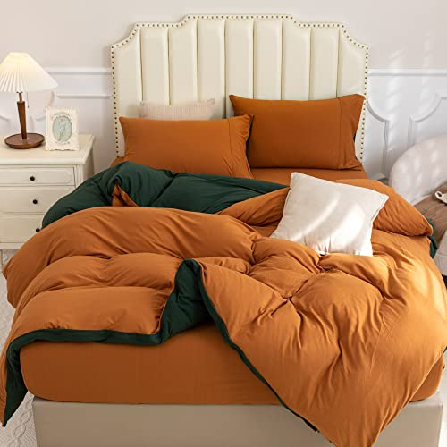 PURE ERA Juego de funda de edredón de punto jersey, 100% algodón, súper suave, cómodo, juego de ropa de cama de 3 piezas con cierre de cremallera (verde bosque sólido/naranja quemado, Queen)