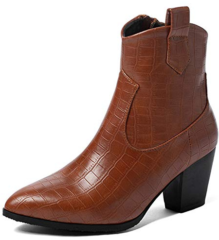 Vrupons Botines de vaquero con tacón pequeño y cremallera lateral para mujer, marrón, 42 EU