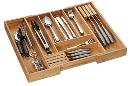 Relaxdays Besteckkasten Bambus, ausziehbar, 6-8 Fächer, 2 Messerblöcke, HBT: 5x32x43 cm, Schubladeneinsatz Küche, Natur