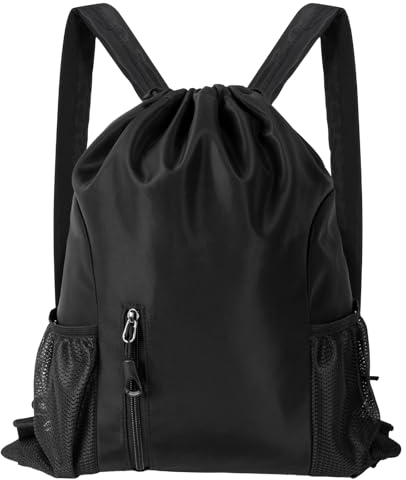 Qoosea Kordelzug-Rucksack Große Kapazität Turnbeutel, Wasserdicht Nylon Sportbeutel, Verstellbar Tunnelzug Gymsack für Damen Herren Sporttasche mit Reißverschluss-Außentasche und Netztaschen (Schwarz)