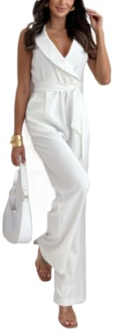 Mono de Tirantes con Cintura Elegante para Mujer Traje de Negocios Pantalones de Pierna Ancha y Tobillo de Cintura Alta Traje de Vacaciones Casual Ropa de Calle de Trabajo (Blanco,XXL)