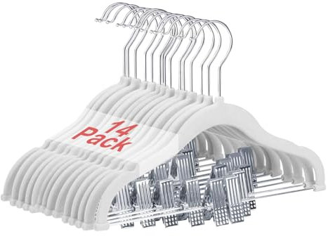 Wellong Appendiabiti per Bambini con clip, 30cm Grucce per Bambini con Ganci Girevoli a 360°, Grucce di Velluto Antiscivolo per Camicie, Pantaloni, Gonne, Abiti, Giacche, Cappotti 14 Pezzi (Bianco)