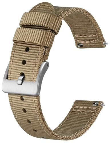 BISONSTRAP Men’s Nylon Watch Bands, Two-Piece Military Watch Straps, Quick Release, Brushed Buckle, 20mm, Khaki (Silver Buckle)