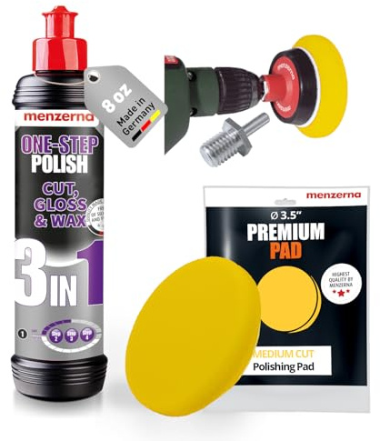 menzerna 3in1 Polishing Set – One-Step Polish (8oz) + Drill Machine Adapter + Medium Cut Pad | Polish Your Car with a Cordless Drill