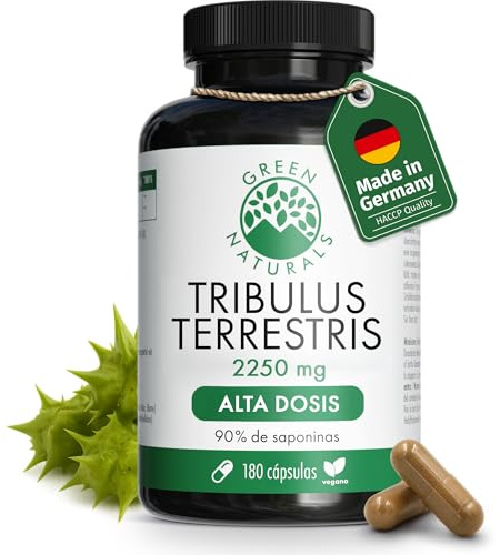 Green Naturals® Tribulus Terrestris – Ad alto dosaggio 2.250 mg con 90% di saponine – Qualità tedesca – Vegano & testato in laboratorio – 180 capsule (2 mesi)