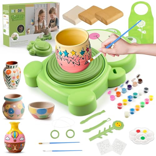 Töpferset für Kinder, Mini Töpferscheibe Elektrisch mit 3 Packungen Ton, Farbe, Zeichenwerkzeuge, Schnitzwerkzeuge, Töpferei Malerei Kit Spielzeug Alter 6-12, DIY Bastelset Geschenke für Anfänger