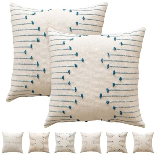 Luxvara 2Pcs Decorative Throw Pillow Covers, Durable Cotton Pillow Covers, Embroidered Cushion Covers for Décor, Square Pillow Cases for Sofa Bed Living Room Home Decor, 18x18 Inch (Blue)